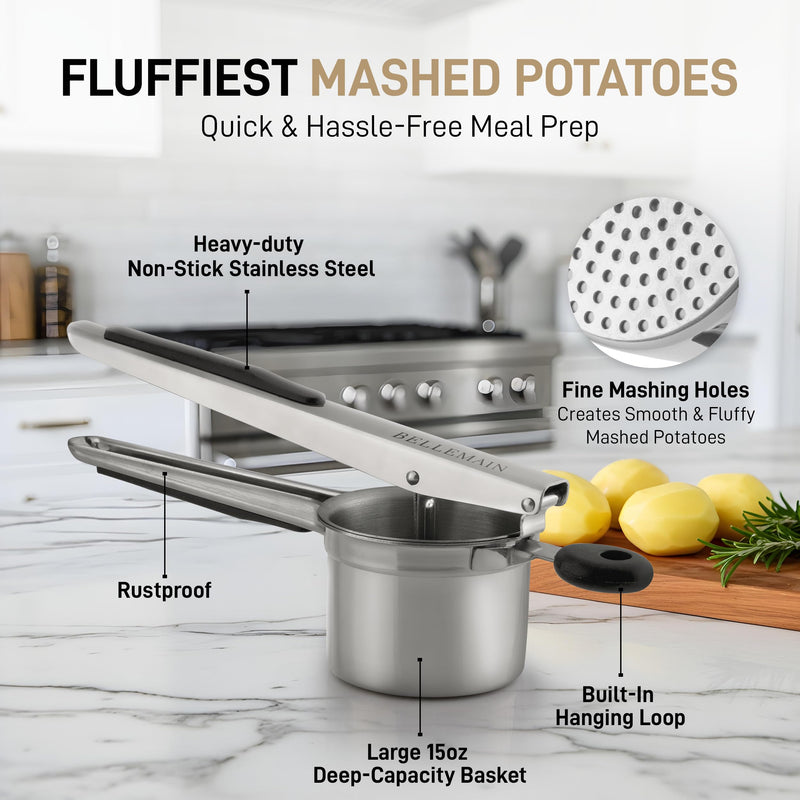 Bellemain 15oz Large Potato Ricer for Mashed Potatoes, Stainless Steel Mashed Potato Masher & Squeezer, Easy-To-Clean Professional-Grade Hand Vegetable Ricer, Kitchen Tool, Food Press & Food Mill Fixed Disc Black
