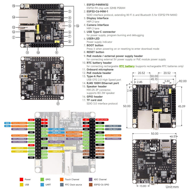 Waveshare ESP32-P4-NANO High-Performance Development Board, Based On ESP32-P4 Chip with RISC-V Dual-core and Single-core Processors, Bundle with RPi Camera (4 Items)