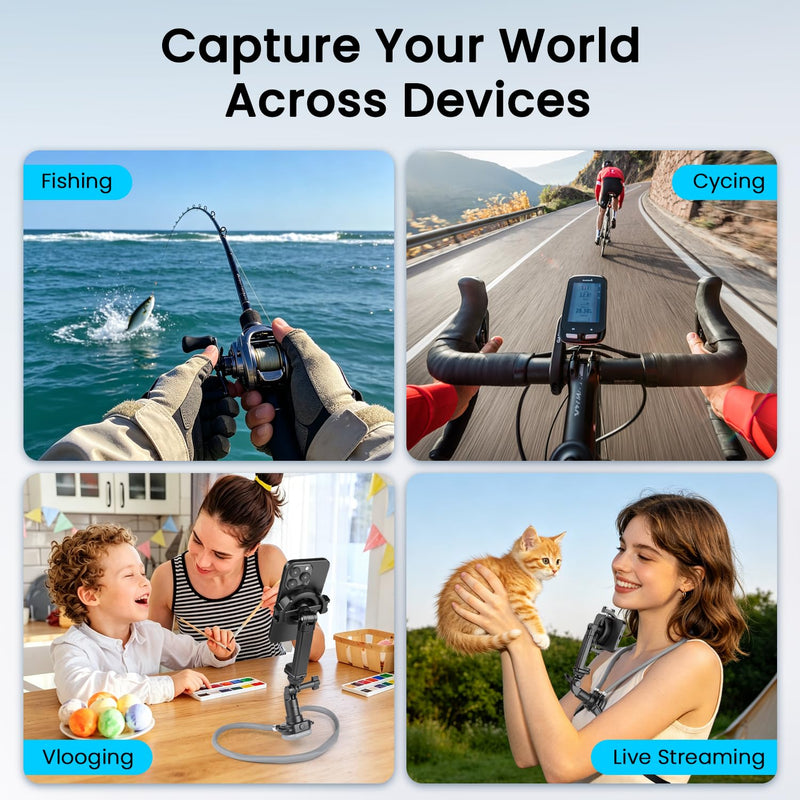 Magnetic Neck Mount for Phones, Neck Camera Mount for GoPro Insta360, Gray | 2-in-1 Magnetic & Clip-on Neck Phone Holder, Multi-angle Adjustment for Hands-free POV Shooting, with Chest Strap & 1/4" Head