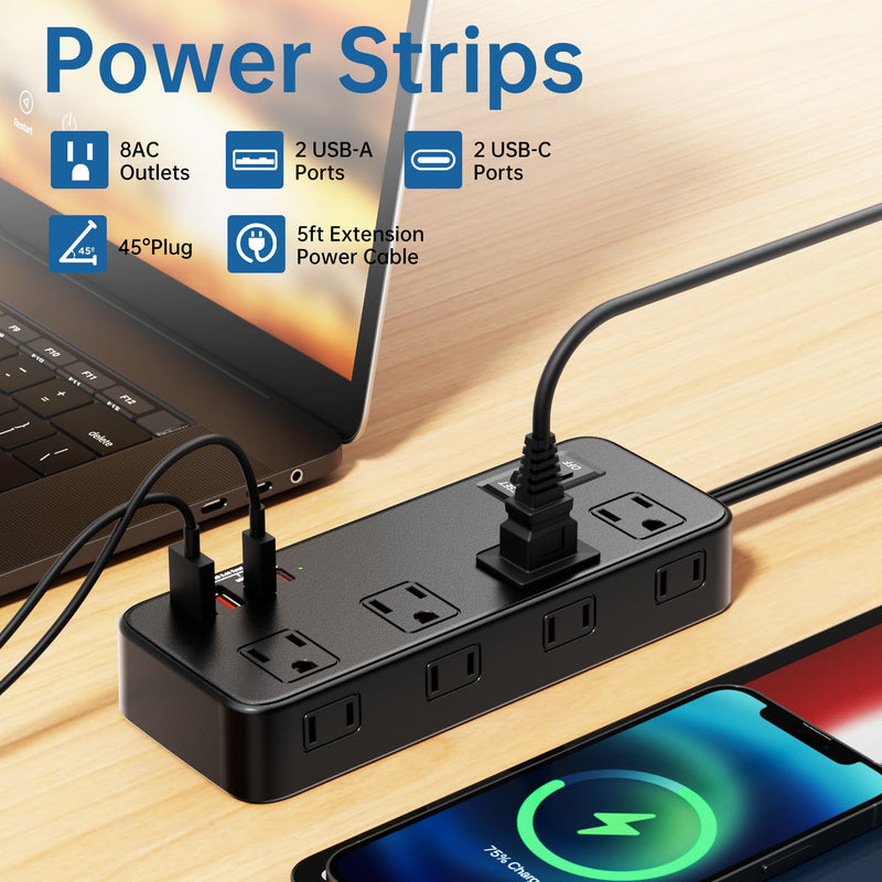 Power Strip with Surge Protector, Outlet Extender,8 AC, 2 USB A,2 USB C Port for 17W Power Strip Charger 5ft Power Cord 1875W 100-250V for Home, Office, Dorm Essential,Black