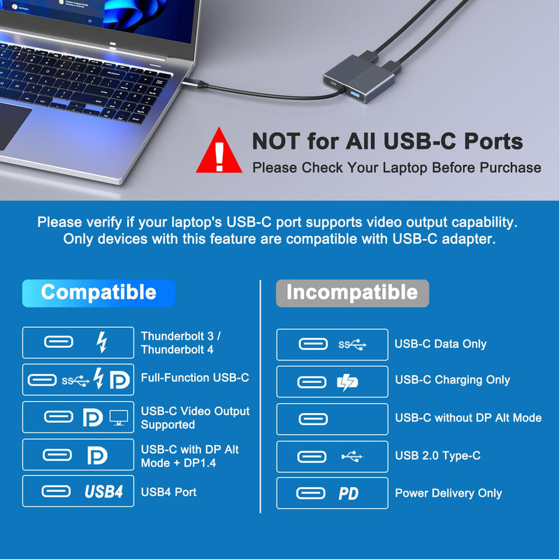 USB C to Dual DisplayPort Adapter with USB3.0/PD, 4K@60Hz Supports SST/MST | DisplayPort Splitter for Dual Monitors Extended Display, USB C to Display Port Adapter, Displayport MST Hub for Dell/HP/Mac