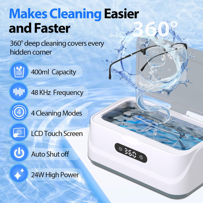 Ultrasonic Jewelry Cleaner: 48Khz Ring Cleaner Ultrasonic Machine with Digital Timer, 4 Cleaning Modes, 24W Sonic Cleaner for Jewelry, Glasses, Retainer, Watch Strap, Home & Travel Use, 13.5oz White