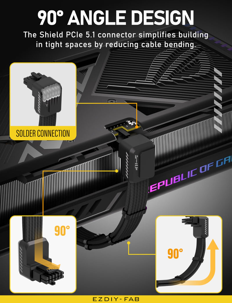 EZDIY-FAB Shield PCIE 5.1 GPU Extension Cable with 90 Degree 12V-2x6 Angle Adapter,16pin (12+4) 12VHPWR PSU Cable Extension for RTX 40/50 Series with Combs-Reverse Type-Black Reverse