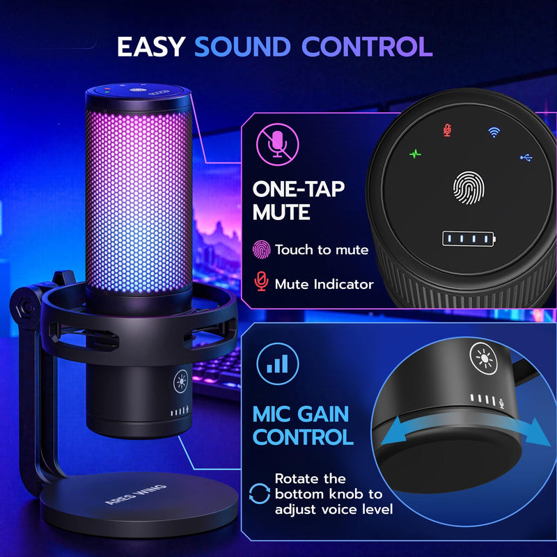 ARES WING USB Gaming Condenser Microphone with RGB Light, for Streaming | Cardioid Podcast Mic, Noise Reduction, Quick Mute, Shock Mount, Headphone Jack, Gain Knob for PC/Mac Discord Twitch YouTube