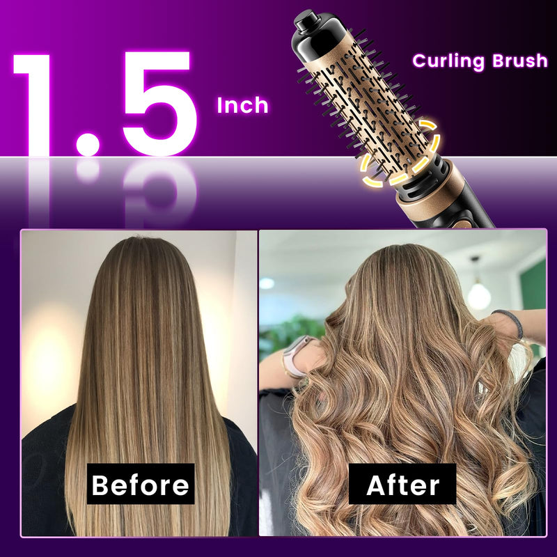 Rotating Hair Dryer Brush, 3-in-1 Hot Air Brush with 2 Brushes (1.5"&2") for Drying Styling Volumizing Curling Sleeking in One Step, 3 Temperatures, Negative Ionic, Ceramic Coating