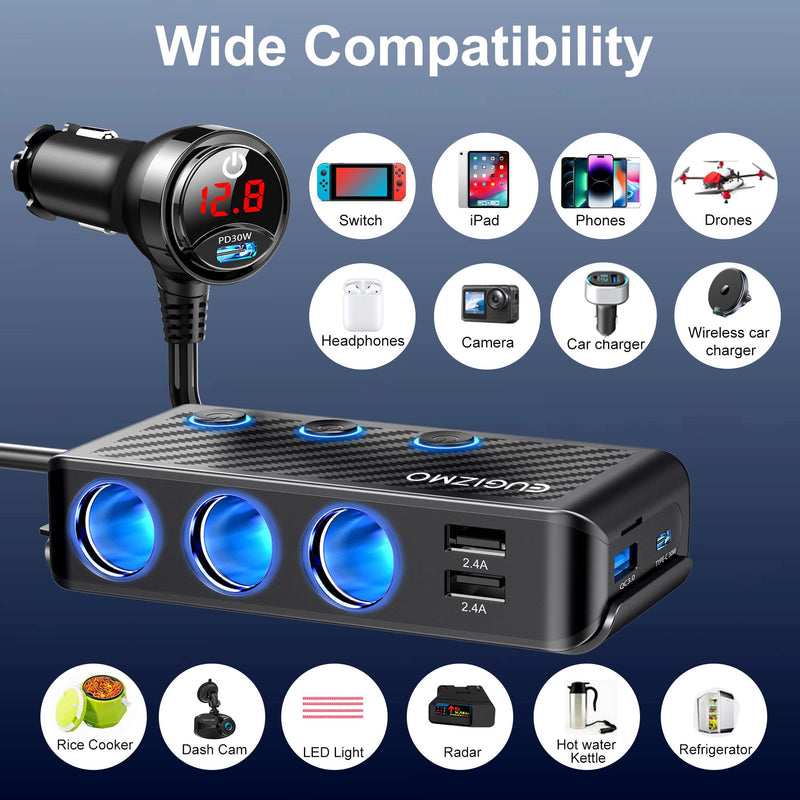 Cigarette Lighter Splitter Adapter, 222W 3 Socket Car Cigarette Lighter Plug Splitter USB Charger Multi Port 12V Car Plug Outlet Splitter with LED Voltage Display Independent Switches