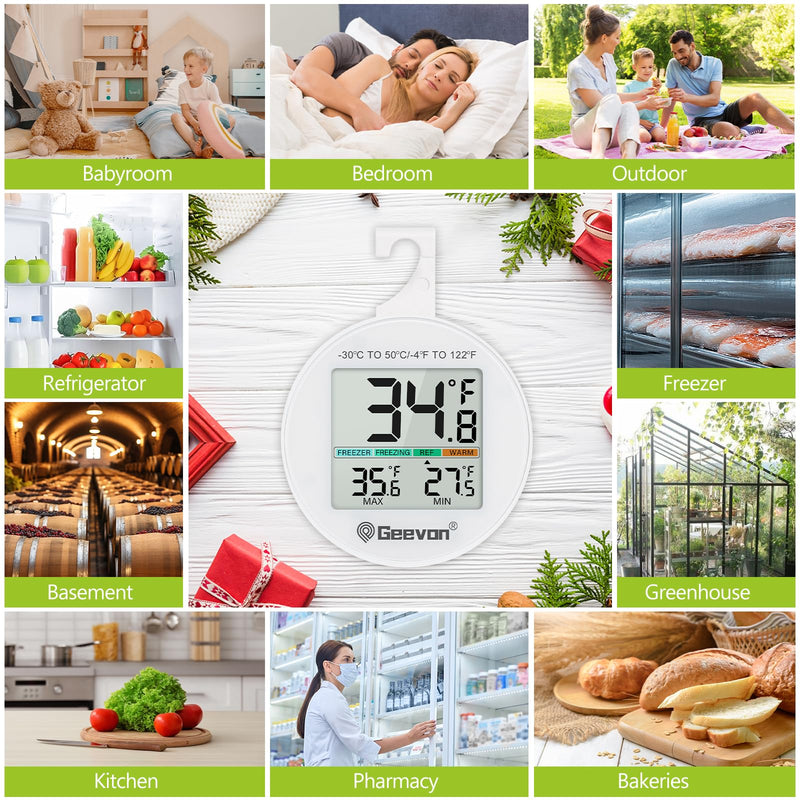 Geevon Small Digital Refrigerator Thermometer 3 Pack, IP65 Waterproof Commercial and Home Use, Max/Min Record Function with LCD Screen, Stand and Magnetic Back, for Fridge, Freezer Scenarios 8724