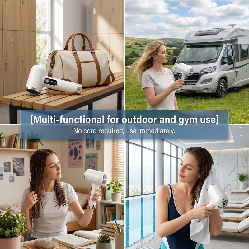 Cordless Hair Dryer 15600mAh Rechargeable Battery,Portable Wireless Blowdryer 3 Temperature Modes Heat Cold Settings. Lightweight 500g Ionic Travel RV Camping and USB High Speed Styling.