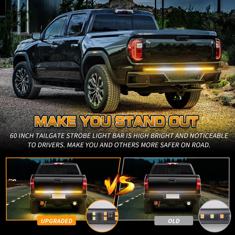 XRIDONSEN 60 inch Truck Strobe Lights Strip 360 LED Amber White Rear Window Tailgate Emergency Lights Flashing Warning Hazard Safety for Tow Plow Trucks Construction Vehicles Pickup Amber/White