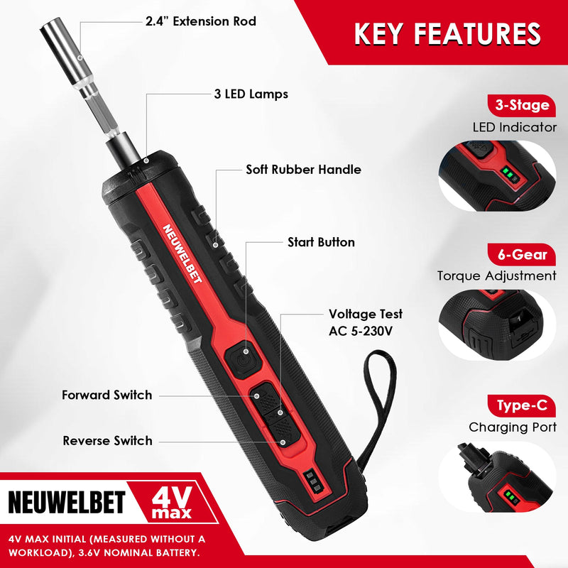 Electric Screwdriver Set, 4V Cordless Precision Screwdriver Set w/ 10 Magnetic Bits, 6 Torque Settings, LED Light, 3 Starting Modes and Storage Case, Repair Tool Kit for Electronics and DIY Projects Black