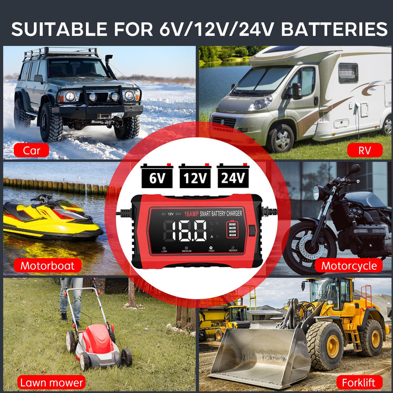 16 Amp Battery Charger, Car Battery Charger 6V 12V 24V Lithium,Lifepo4,Lead-Acid(AGM/Gel/SLA..),Battery Maintainer, Trickle Charger, and Battery Desulfator for Car,Boat,Motorcycle… 16A