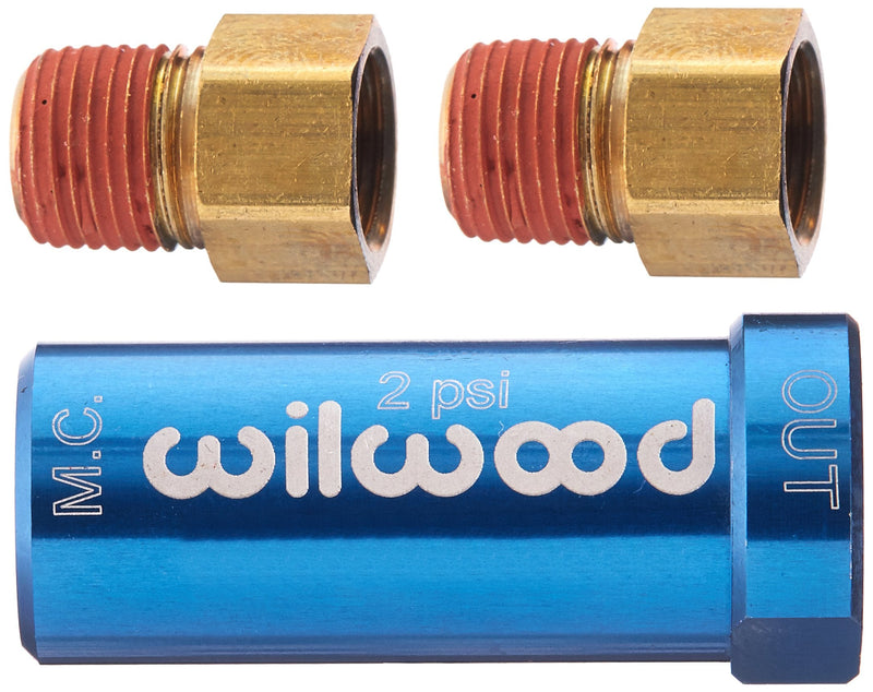 Wilwood Residual Pressure Valve, 2 lb, 1/8 in NPT Inlet, 1/8 in NPT Outlet, 3/8-24 in Inverted Flare Fittings Included, Aluminum, Blue Anodized, Disc Brake, Each
