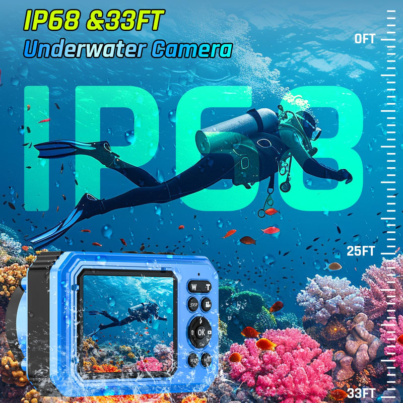 4K Underwater Camera 64MP 33FT Waterproof Camera with 32GB Card | Dual-Screen, 16X Zoom, Autofocus, Floatable, 1500mAh Battery, Fill Light, Ideal for Snorkeling, Swimming, Travel Blue
