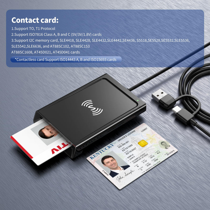 NFC Smart Card Reader, Contact & Contactless ID and Bank Chip Card Reader | CAC Reader for DOD Military, 2-in-1 USB-A/USB-C, for Windows/Mac/Android/Linux