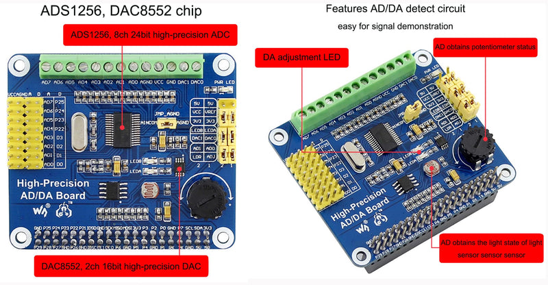 High-Precision AD/DA Expansion Board for Raspberry Pi 4B/3B+/3B/2B/Zero/W/Zero WH and Jetson Nano,Add High-Precision AD/DA Functions to Pi. Onboard ADS1256 8-CH 24bit ADC and DAC8532 2-CH 16bit DAC