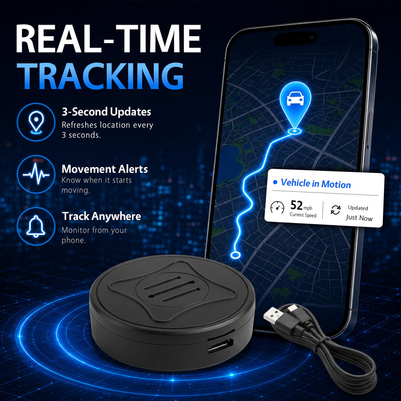 GPS Tracker for Vehicles, Real-Time Tracking for Cars, No App Fees, Black | Compact Magnetic Waterproof Vehicle Tracker with App, Route History & Geofence Alerts; SIM Card Required