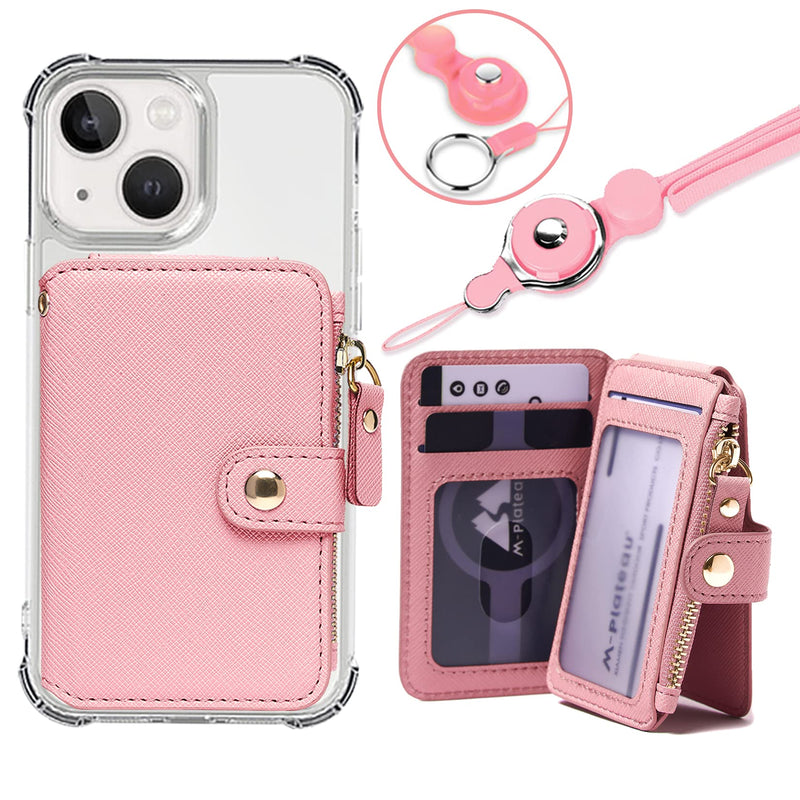 Phone Wallet Stick On,M-Plateau PU Leather Card Holder with Zipper Coin Pocket Compatible with iPhone and iPhone Case for Women with 3M Adhesive and Phone Lanyard Light Pink