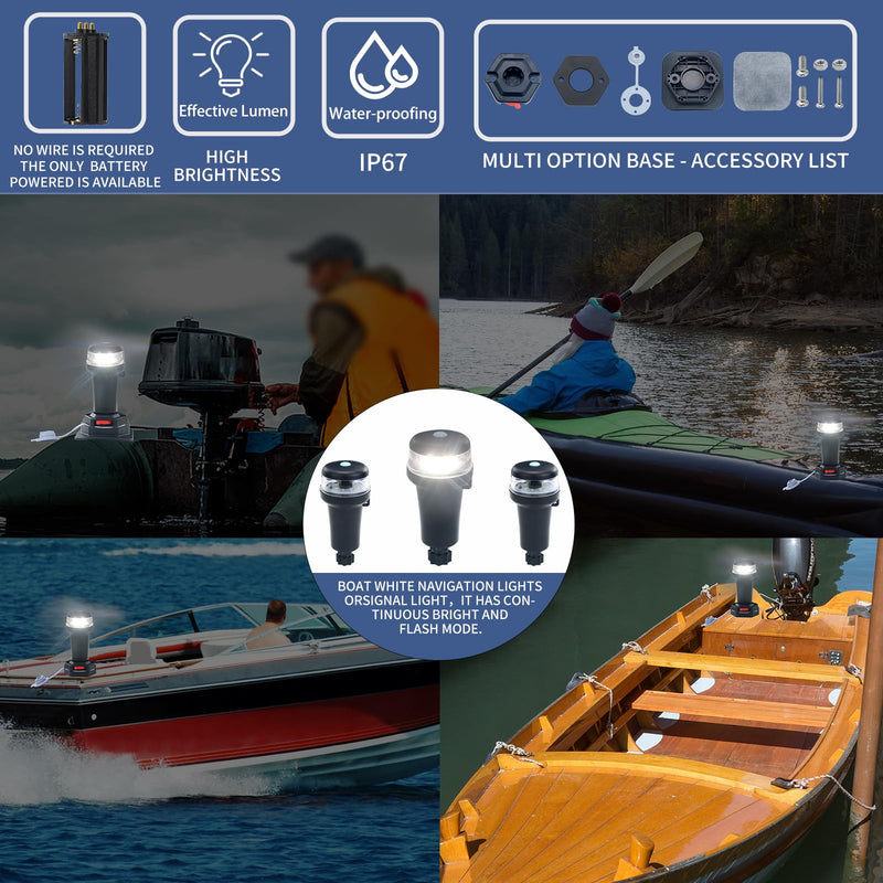 Kayak Battery Portable Navigation LED Lights Multi- Adaptors 3AA Battery Inflatable Boat Surface Mount Adhesive Base (White (With Fixed Base)) White (With Fixed Base)