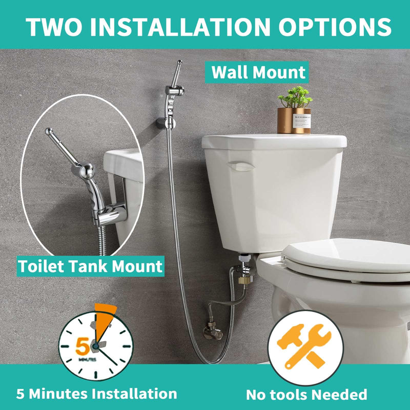 BARROCK Handheld Bidet Sprayer Combo Set for Toilet, Portable Bathroom Bidet Seat Attachment, 2 Way Installation Hang or Wall-Mount Shattaf Kit for Women with Brass T-Valve Explosion-Proof Hose Chrome