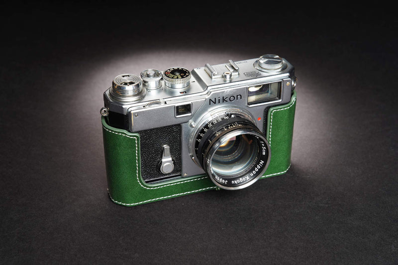 S3 Film Camera Case, Handmade Genuine Real Leather Half Camera Case Bag Cover for Nikon S3 Film Camera With Hand Strap (Green) Green