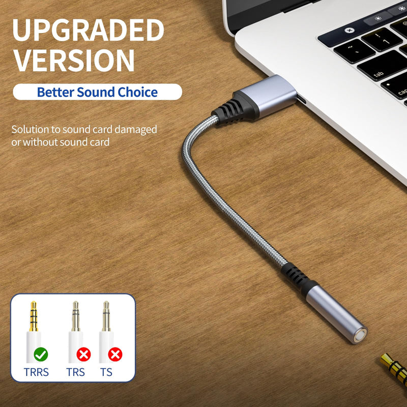 USB to 3.5mm Jack Audio Adapter, Audio Aux Cable External Stereo Sound Card, USB-A to 3.5mm TRRS Female Headset for PS4/PS5/Headphone/Mac/Linux/PC Windows/Laptop/Desktops/Docking Station/iOS (Gray)