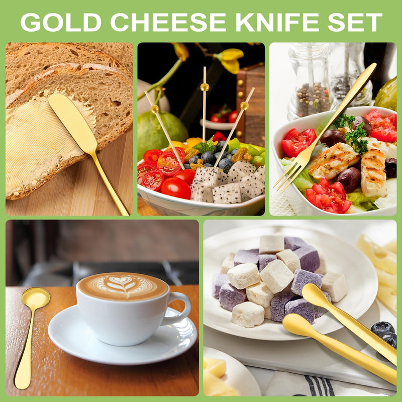 98 Pcs Charcuterie Board Accessories, Stainless Steel Cheese Spreaders with Wooden Handle Forks Spoons Mini Serving Tongs Honey Dippers Sauce Cups Toothpick Flags Charcuterie Utensils, Gold