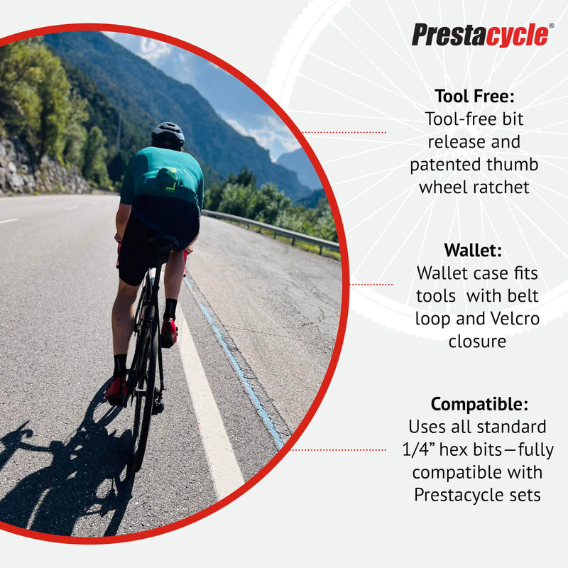Prestacycle TorqRatchet PRO Wallet Kit – 2–10Nm Torque Wrench & Reversible Ratchet Multi-Tool – Bike Tool Set with 12 Bits – Slim Carry Wallet with Card Pocket – 60Nm Rated