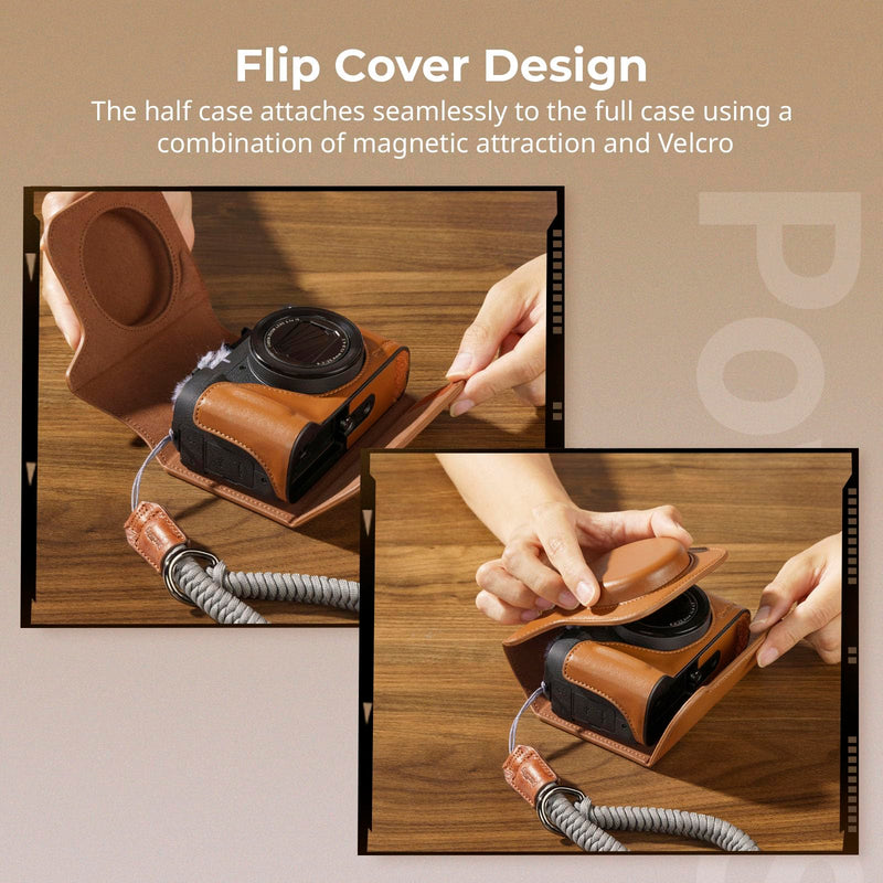 SMALLRIG PowerShot V1 Leather Case Kit for Canon, Including Half Leather Crate, Flip Case Cover, Wrist Strap & Furry Windscreen, Portable and Protecting (Brown) -5385 Brown