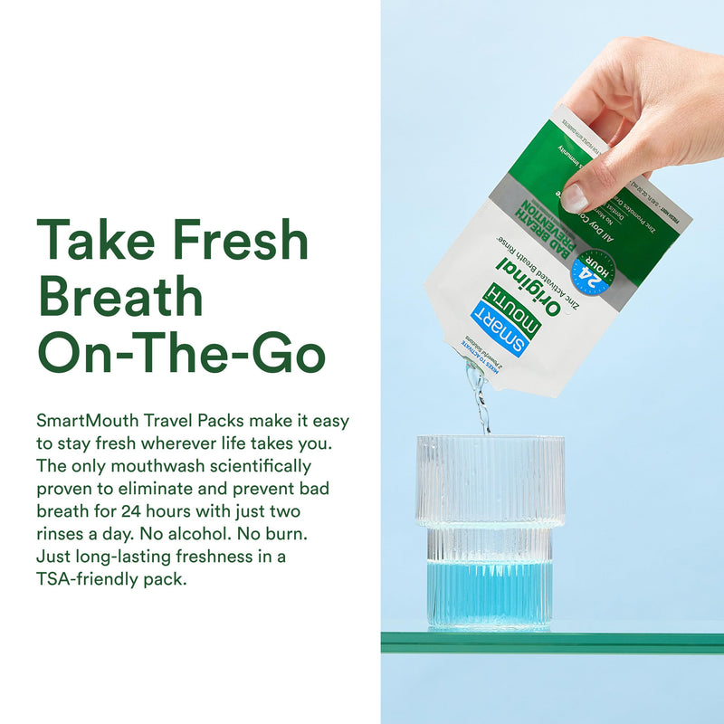 SmartMouth Original Zinc Activated Mouthwash Single Packs - Disposable Mouthwash Packets for Fresh Breath - Eliminates Bad Breath & Odors - Alcohol & Fluoride-Free - Fresh Mint - 10 Count, 4 Pack