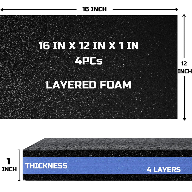 ONREVA Tool Box Foam 16x12x1 inch 4Pack, Foam Inserts for Cases, Polyethylene Storage Sheets for Toolbox Hard Case, Tool Shadow Insert, Kaizen Organizer Sheet, Black with Blue