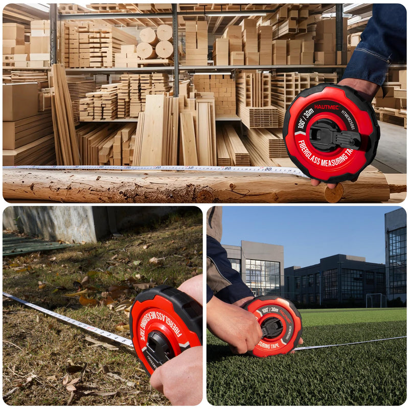 HAUTMEC 100ft/30m Tape Measure Long Measuring Tape Flexible PVC Fiberglass Dual Inch/Metric, Closed Reel Measure Tape, for Land Yard Distance Measurement, and Construction 25061