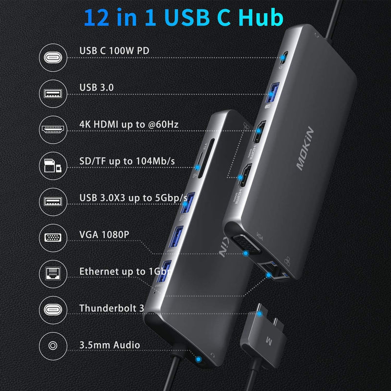 MacBook Pro Docking Station Dual Monitor HDMI Adapter,12 in 1 USB C Adapters for MacBook Pro Air Mac HDMI Dock Dongle Dual USB C to DualHDMI VGA Ethernet AUX 4USB SD/TF100W PD