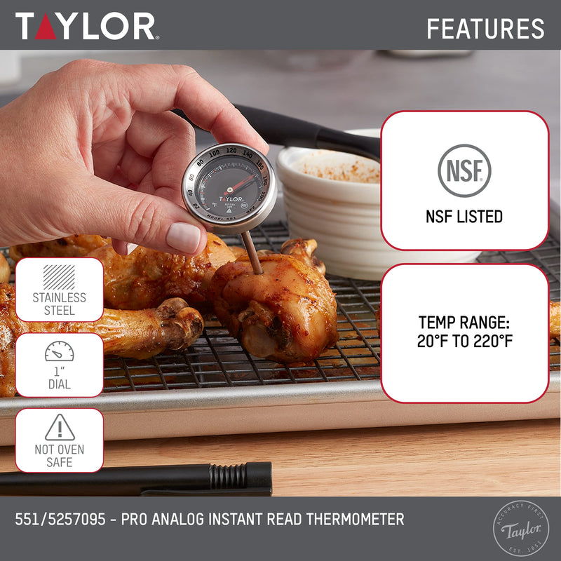 Taylor Pro Series Analog Instant Read Thermometer, Temperature Monitoring: 120F to 220F, Black