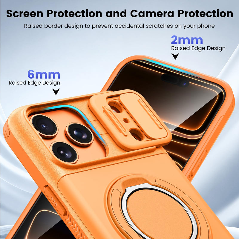 Ruky for iPhone 17 ProMax Case with Slide Camera Cover and Stand, Orange | Wallet Card Holder & Screen Protector [Not Support Wireless Charging] Military-Grade Drop Protection Phone Cover, Orange