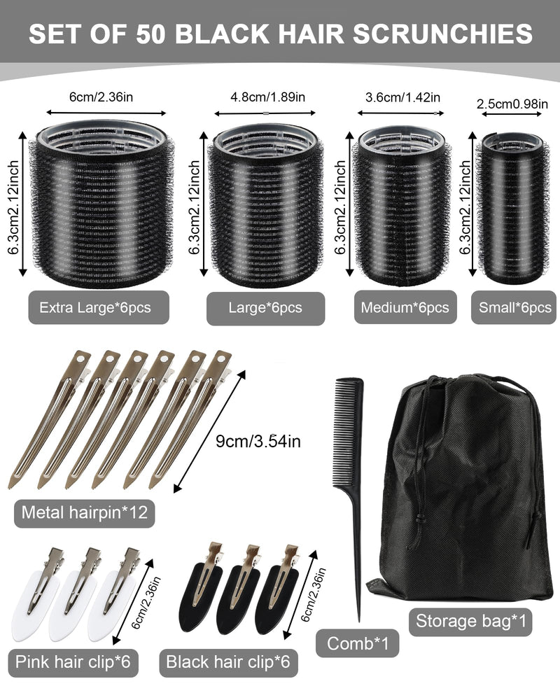  [AUSTRALIA] - Hair Rollers with Clips 50PCS, Rollers for Hair Volume 4 Sizes | Includes 24 Clips And 4 Roller Sizes (60/48/36/25mm) For Long, Medium And Short Hair, Ideal For DIY Hair Styling Black