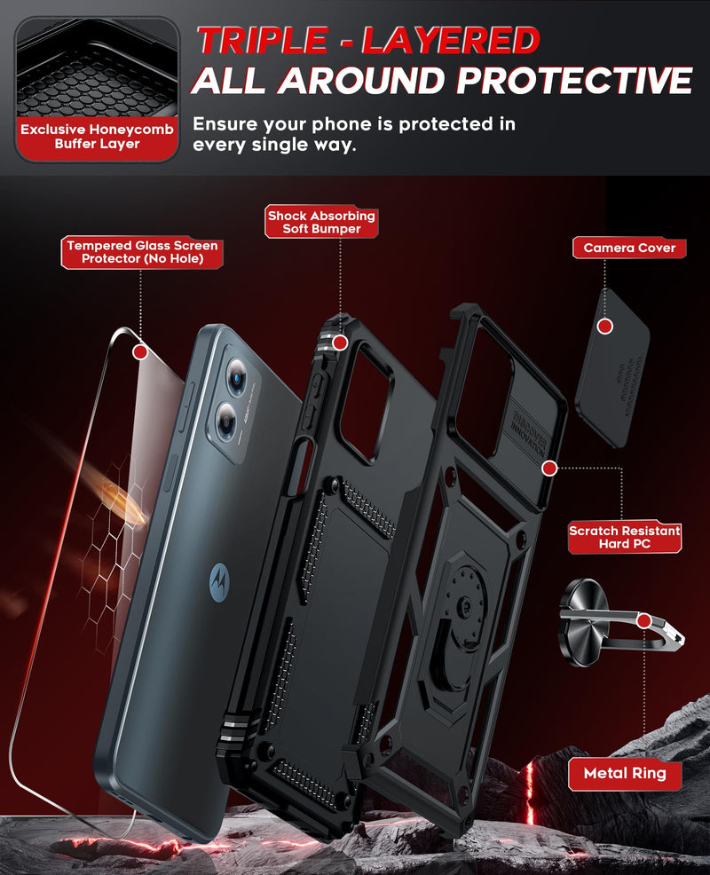 LeYi for Motorola Moto G 5G 2023 Case: with Slide Camera Cover, Black | Screen Protector, Heavy Duty Shockproof Rugged Android Cell Phone Cover with Magnetic Ring Kickstand Funda para Moto G5g 2023 TC Black G 5G 2023 6.5inch
