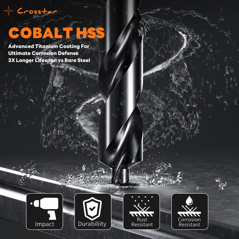 Crosstar M35 Cobalt Drill Bit Set - 21pcs 1/16"-1/2" TiAlN Coated Self-Centering Metal Drill Bits for Thin Hardened Steel, Stainless Steel, Titanium| Bullet Point Tip, High-Speed Jobber Bits 21pcs(1/16in-1/2in)