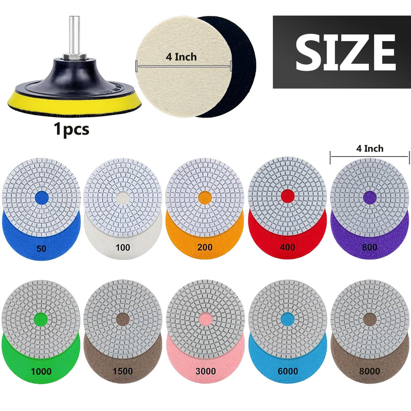 4 Inch Diamond Polishing Pads, 14 PCS 50-8000 Grit Wet/Dry Granite Stone Polish Pad Kit with 5/8’’-11 Backer Pad, Drill Adapter and Wool Disc 4 Inch