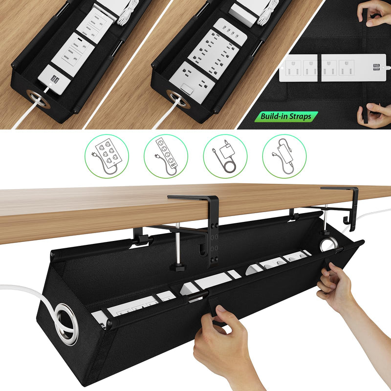 KEEGH Under Desk Cable Management Tray 36", No Drill Cord Organizer, Black | Heavy Duty, Large Capacity, 3-Level Clamp Fit 0"-2.5" Desks, Clamp/Screw Mount, for Home, Office, Gaming, Room, Studio