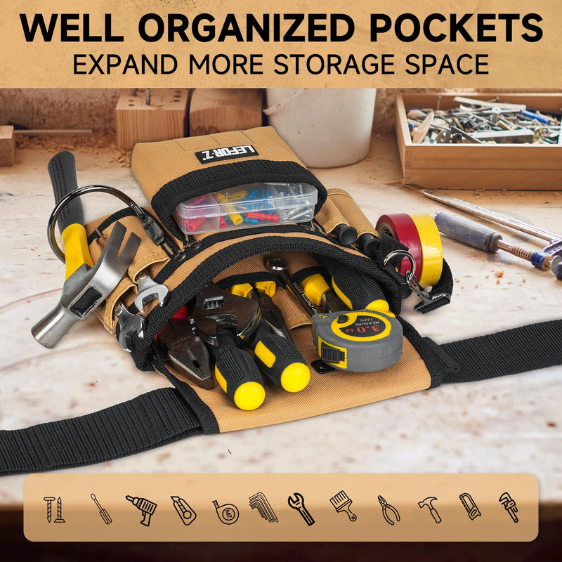 Tool Belt,Magnetic Tool Pouch,14-Pockets Tool Belts for Men,Detachable & Adjustable Tool Pouch belt for Electrician,Carpenter,Construction,Work Apron,Utility Belt,Black-Brown Black&brown