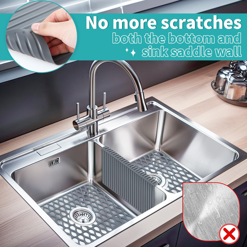 3 Pack Sink Mat and Sink Saddle Set, 13.4 x 11.5 Inch Protectors for Kitchen, Non Slip Silicone Dishwasher Safe, Folding Grid Protect from Stains, Damage, Scratches (Cuttable) Cuttable