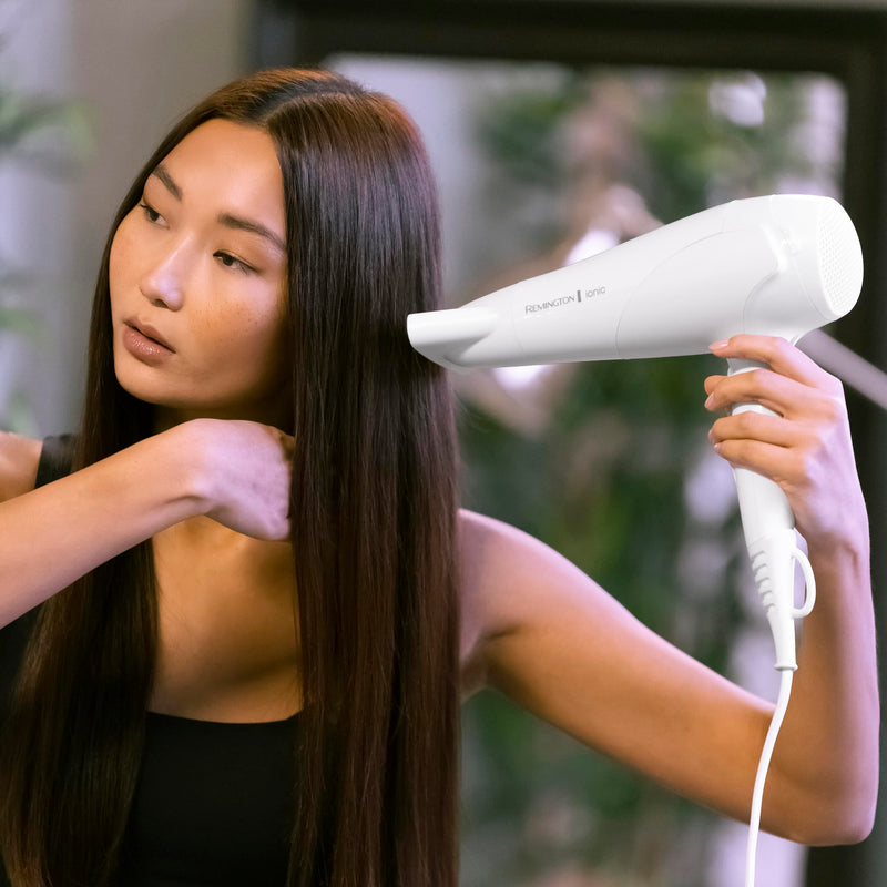 Remington Hair Dryer, Ionic Conditioning, 2200W, 3 Heat & 2 Speed | Frizz-Free, Shiny Results, Includes Diffuser and Concentrator attachments, 2 Speed Settings for Versatile Styling White
