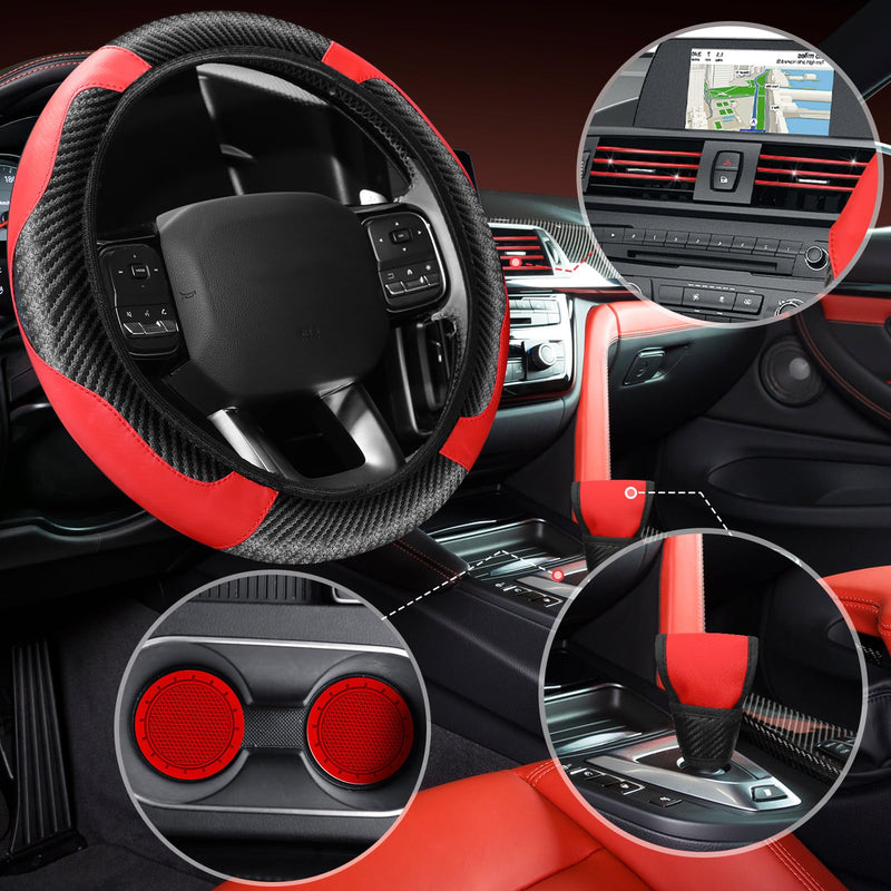 Riakrum 30 Pcs Car Accessories Set Red and Black PU Leather Steering Wheel Cover Anti Slip Steering Wheel Protector Car Vent Trim Strips Air Conditioner Insert Strips with Installation Tool Red, Black