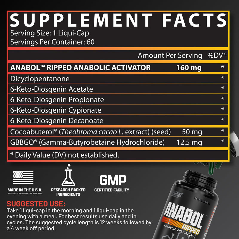 Nutrex Research Anabol Ripped Anabolic Muscle Builder for Men, 2-in-1 Muscle Builder and Shredding Supplement, (60 Count) 60 Count (Pack of 1)