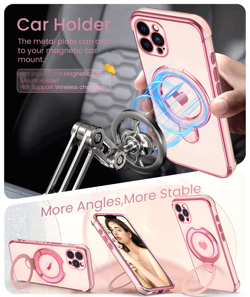 Cute Plated Gold Women Phone Case for iPhone 15 Pro Max - Pink | Screen Protector+Ring Metal Kickstand,Love Heart Pattern,Slim Soft TPU Full Camera Protection Cover for iPhone 15 Pro Max Thermoplastic Polyurethane,Polycarbonate