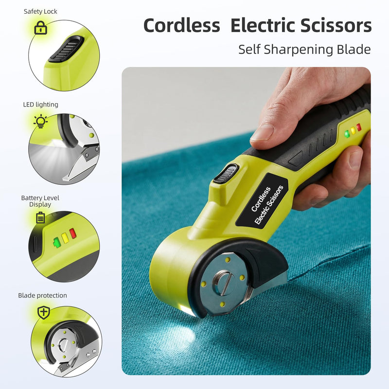 Cordless Electric Cutter, 4V Rechargeable Scissors Box Cutter with 2 Rotary Blades, USB Cable,Storage Bag, Safety Lock & LED Light, For Cardboard, Fabric, Plastic, Leather, Carpet, Packaging, DIY