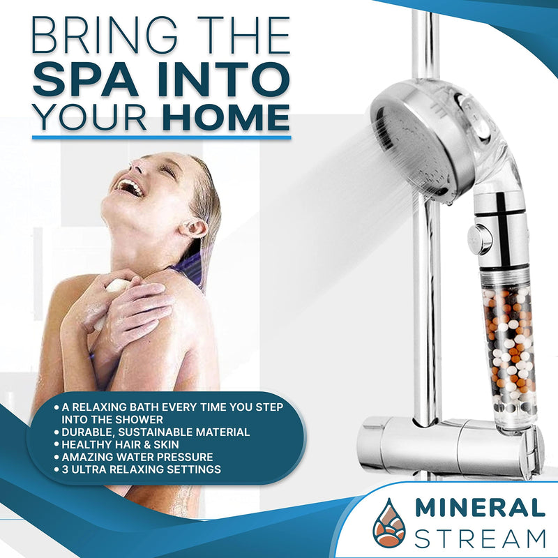 MineralStream Ionic Shower Head 2.0 + Hose | Ecowater Spa Showerheads for Dry Hair & Skin | 3 Settings High Pressure Water Saving Showerhead with Filter Beads