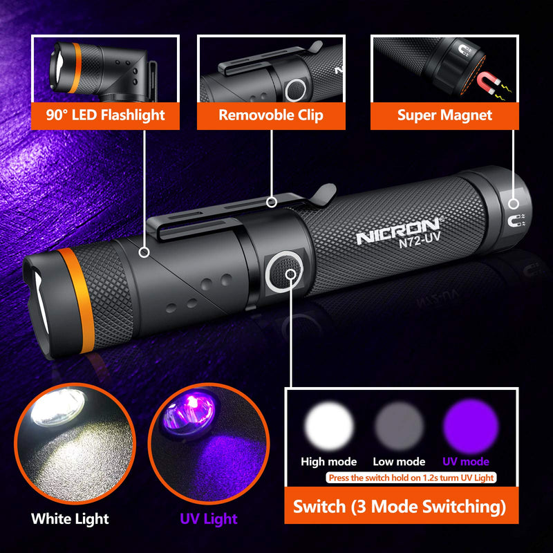 NICRON UV Flashlight, N72-UV 800LM White Light, Freely Switch Between White Light and UV Light Detector for Dog Urine, Wet Stains Bed Bugs,Camping, Outdoor,Maintain (18650/AAA Not Included) Purple
