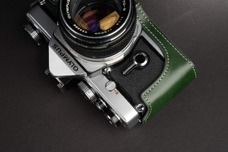 OM-4 Case, BolinUS Handmade Genuine Real Leather Half Camera Case Bag Cover for Olympus OM-1 /1N OM-2/2N OM-3/3Ti OM-4/4Ti (No Handle) Camera with Hand Strap (Green) Green