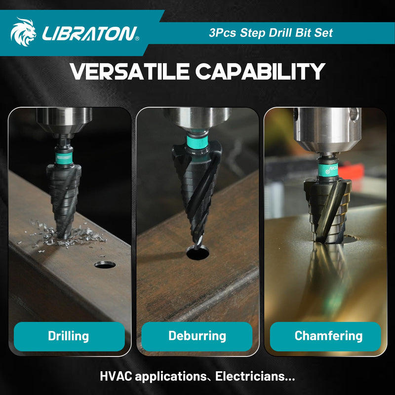 LIBRATON Four Spiral Flute Step Drill Bit, M35 Cobalt Unibit Step Drill Bit Set 1/8"-7/8", AlTiN Coated Step Bits, Four Spiral Flute, 1/4" Hex Shank for Metal, Stainless Steel, Aluminum, Plastic, 3PCS 1/8" - 7/8" (3pcs Set)
